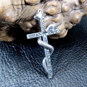 Solid 925 Sterling Silver Medieval Gothic Snake on Christian Cross Pendant